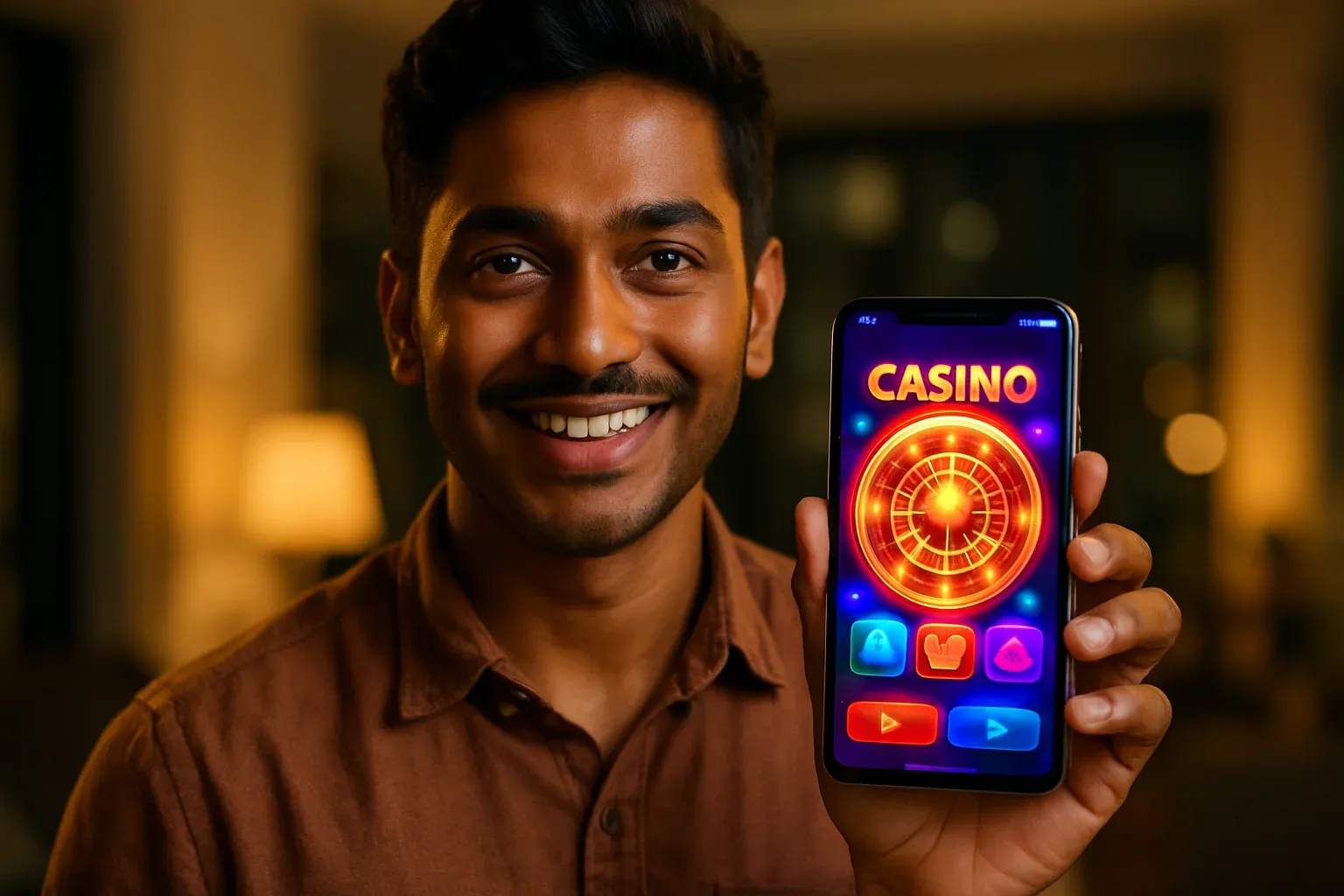 Young Bangladeshi man holding smartphone with colorful mobile casino app interface