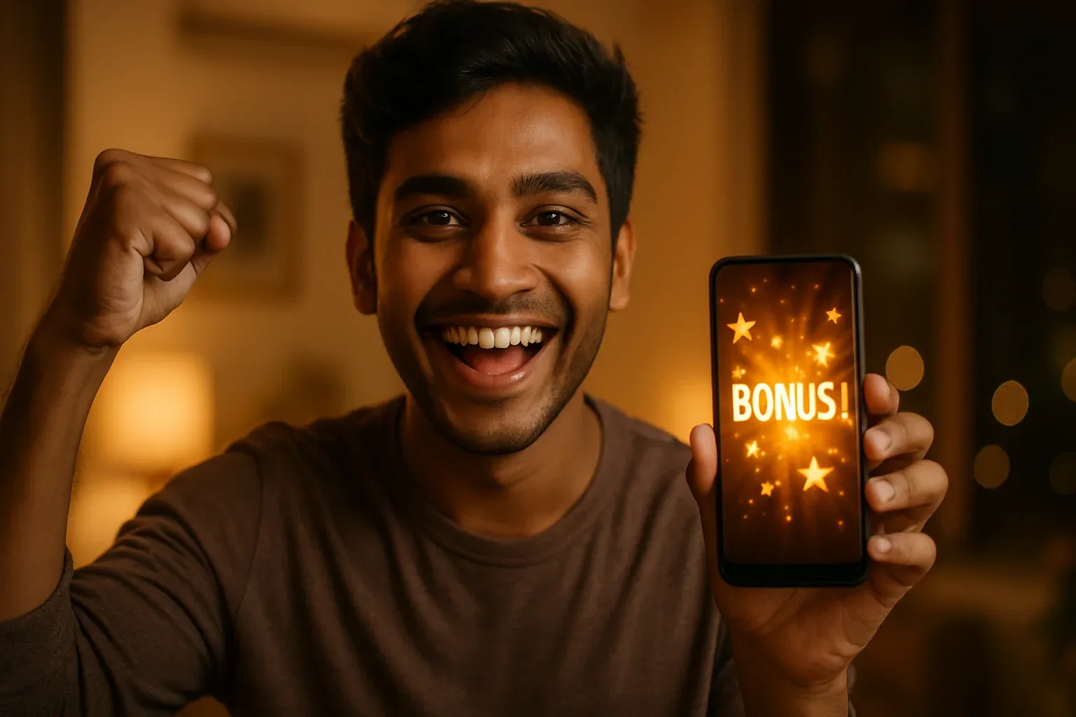 Joyful Bangladeshi man holding smartphone with glowing bonus notification screen