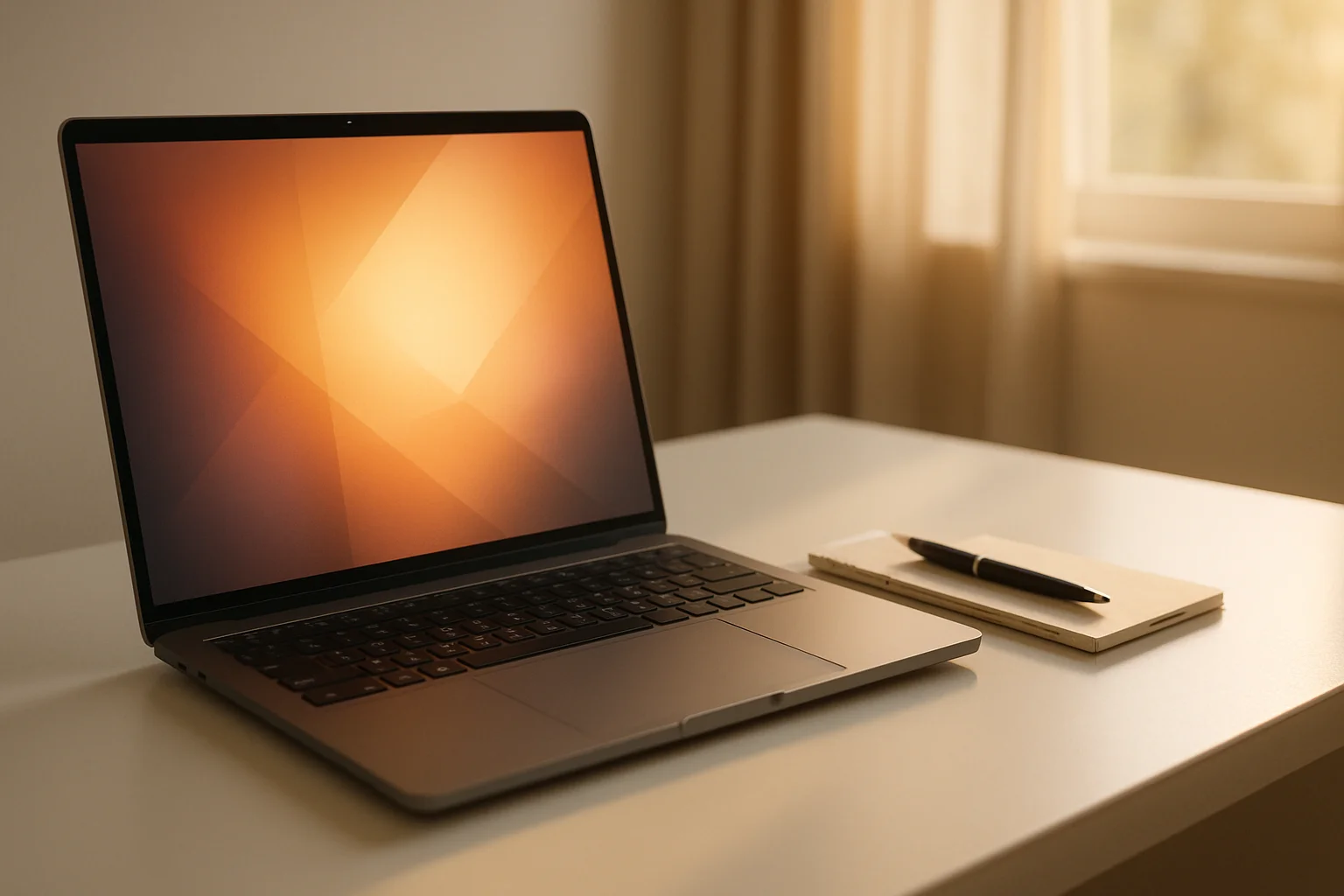 Modern laptop on white desk with abstract glowing screen and notepad