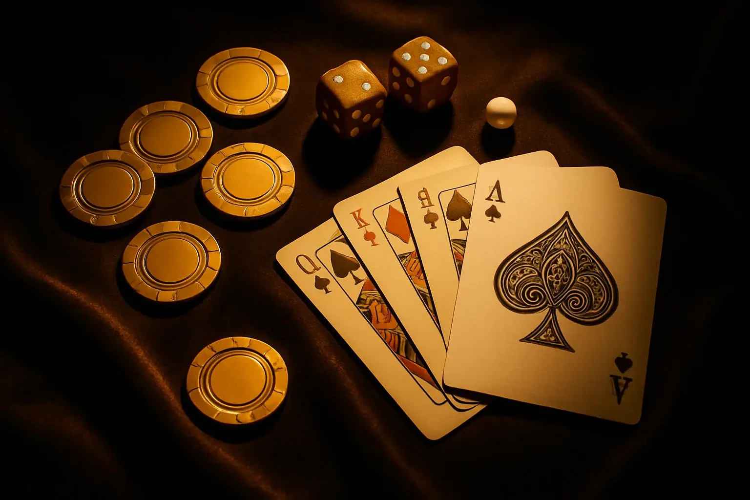 Top-down casino scene with golden chips, cards, dice, and roulette ball