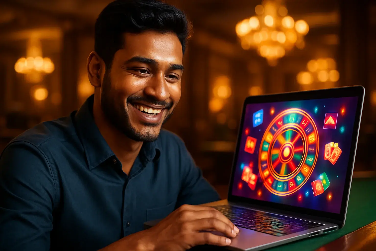 Cheerful Bangladeshi man with open laptop showing colorful casino interface