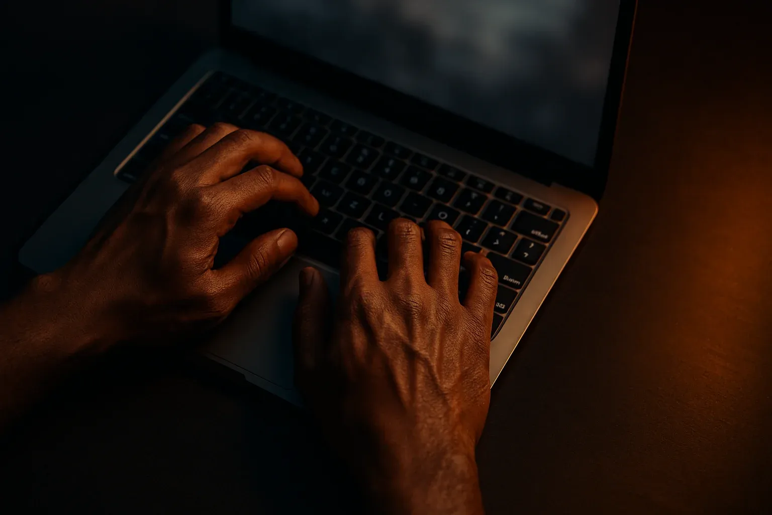 Bangladeshi man's hands typing on modern laptop keyboard in dramatic light