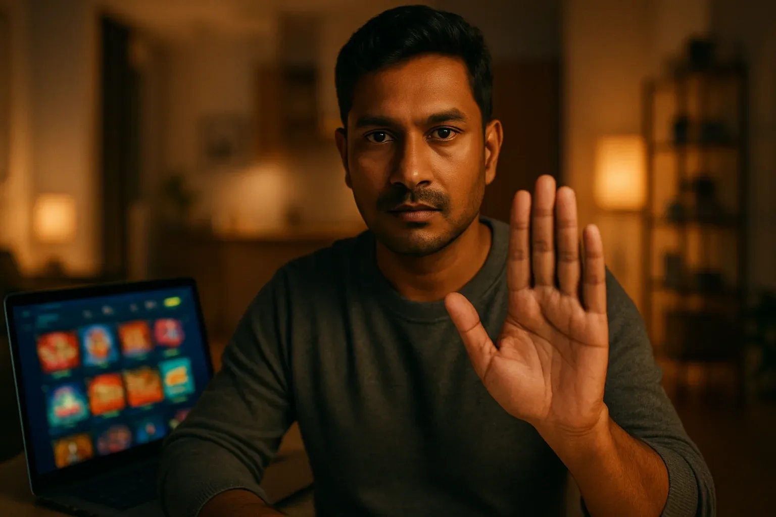 Bangladeshi man making stop gesture near online casino laptop screen