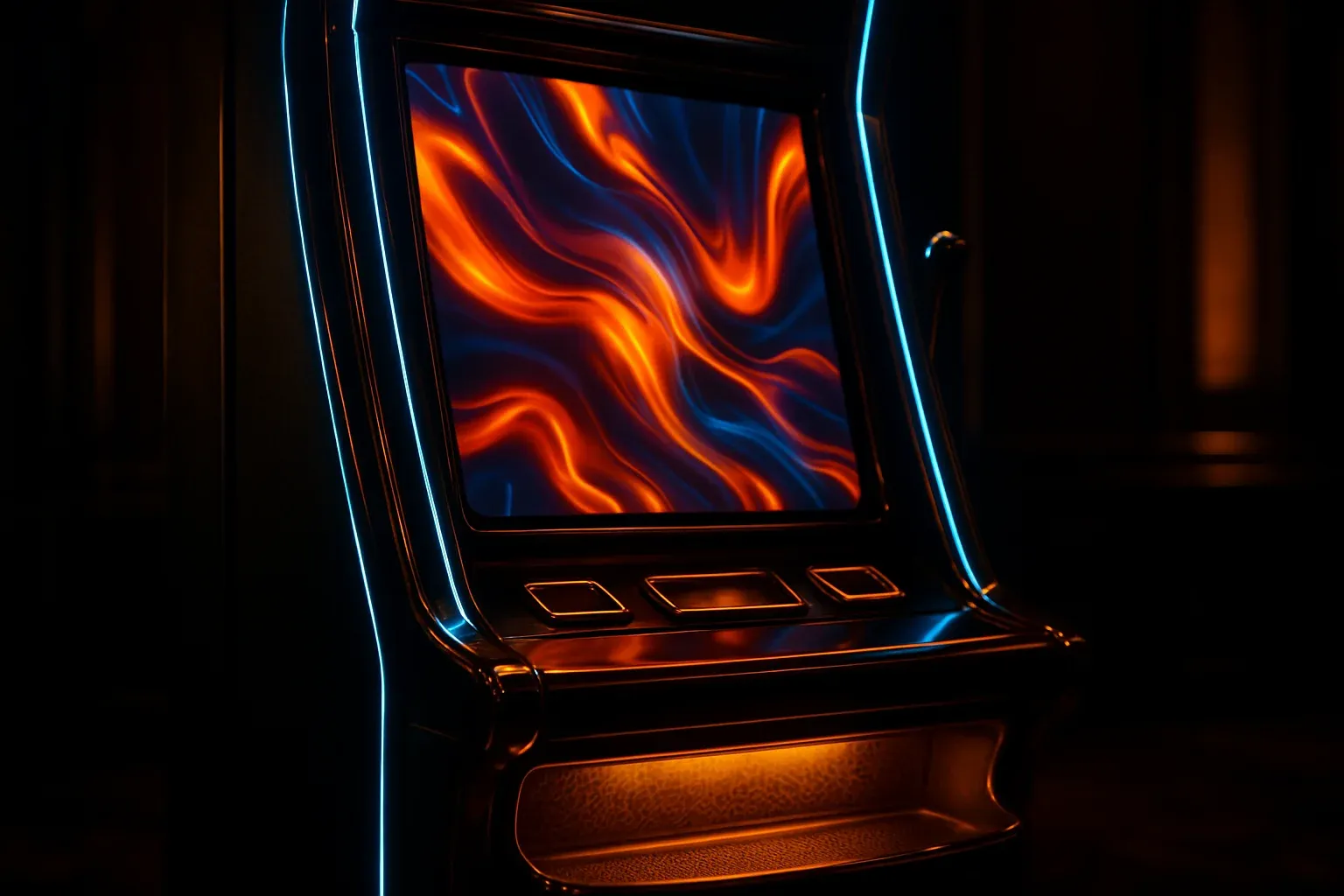 Hyperrealistic premium slot machine in dark luxury setting with neon lighting